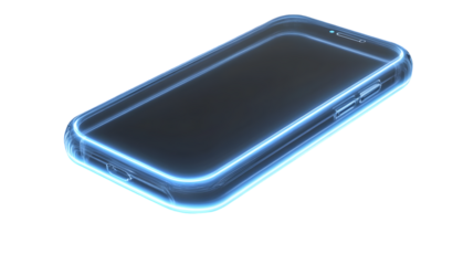 Transparent smartphone case with glowing blue edge screen isolated on white background