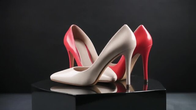 group of high heels shoes rotating on glossy pedestal in the dark