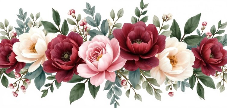 Watercolor floral border with burgundy peonies, ivory magnolias, pink roses and astilbe. Eucalyptus leaves create lush plants. Design ideal for wedding invitations, cards, or decor.