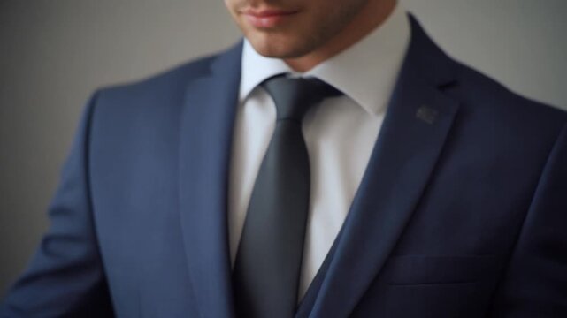 dynamic closeup of man adjusting cufflinks with blue suit and black tie