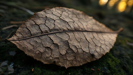 Close-up of a dry, cracked brown leaf on mossy ground with natural lighting, conveying an earthy mood.