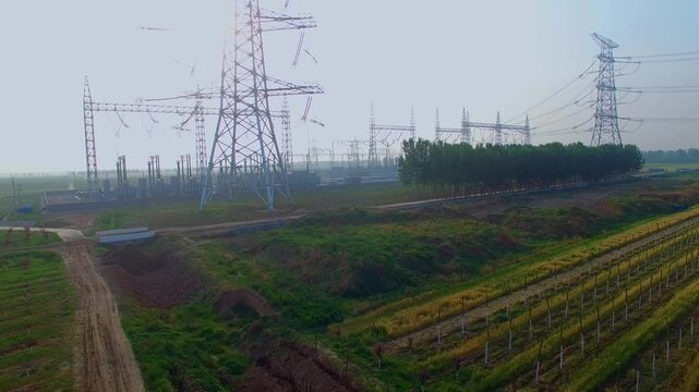 High Voltage Transmission Tower and Power Grid Infrastructure in Rural Area