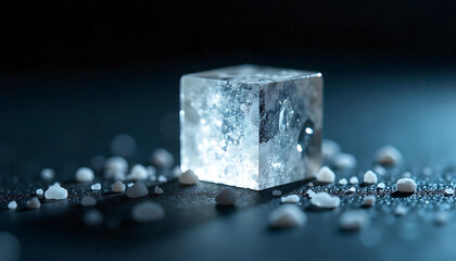 Close-up shot of a transparent ice cube surrounded by small ice fragments on a dark surface with a cool and calming mood.