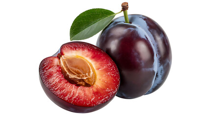 Whole and Halved Ripe Plum with Leaf on Black Background wfabobdbrekcnlcnzpnyfw graphic isolated on a transparent background