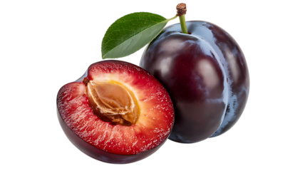Whole and Halved Ripe Plum with Leaf on Black Background wfabobdbrekcnlcnzpnyfw graphic isolated on a transparent background