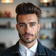 Young man with stylish dark hair and beard. He wears white shirt and denim jacket. Indoor shot, studio background. He looks directly at camera.