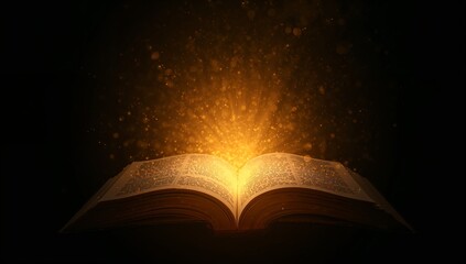 Glowing magic book open with sparkling golden light and particles in a dark background, fantasy and wisdom concept