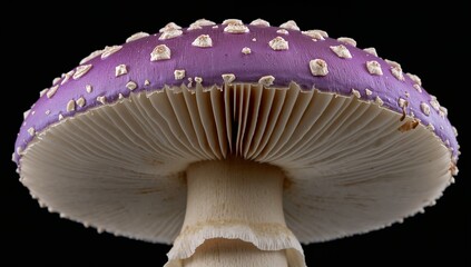 Close up view of the gills and cap of a purple fly agaric mushroom with white spots against a black background, macro nature
