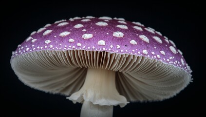 Macro photograph of a mystical purple mushroom with white speckles showing detailed gills on its underside, dark background
