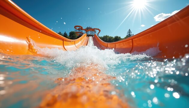 POV view down water slide. Orange tube chute fun ride with splashing water, clear blue sky, bright sunbeams. Aquatic park attraction for summer vacation fun.