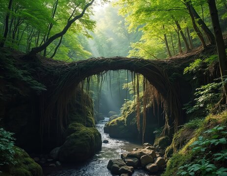 Ancient vine bridge arches over a mossy stream bed in a sunlit, dense forest. Hanging vines dangle into the ravine creating a mystical, overgrown jungle path.