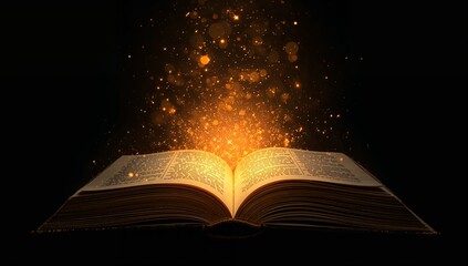 Enchanted Open Book with Magical Golden Light and Sparkles Glowing from the Pages in the Dark