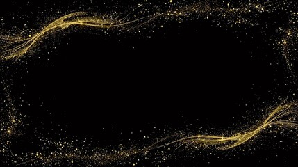 Dynamic golden sparkling dust creating an elegant wavy frame on a deep black background, perfect for festive celebrations, luxury invitations, or sophisticated graphic design overlays
