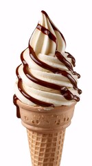 Appetizingly swirled vanilla soft serve ice cream cone, generously drizzled with rich chocolate syrup, presenting a sweet and creamy indulgence, perfect for a refreshing dessert treat
