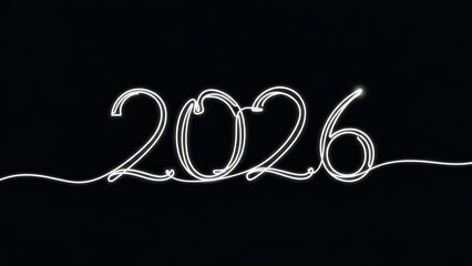 Glowing futuristic wire art numbers forming the year 2026 on a black background.