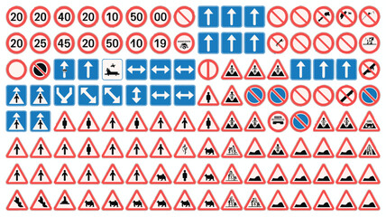Extensive Collection of Various European Road and Traffic Signs Displayed