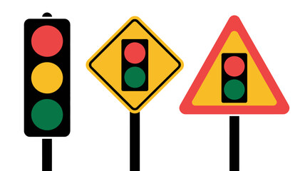 Three traffic light signs illustrating different traffic control signals and warning symbols.