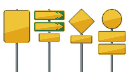 Collection of Various Yellow Road Signs on Poles for Navigation and Information