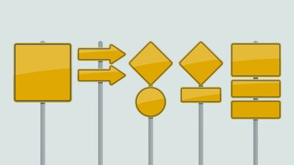 Collection of Yellow Blank Road Signs on Gray Poles Against a Light Blue Background