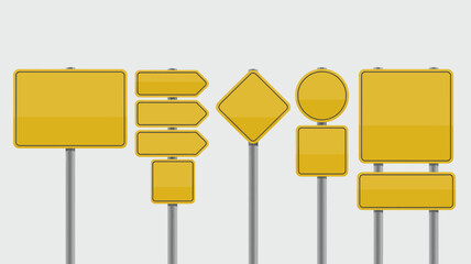 Collection of various blank yellow road signs on metal poles, clear background