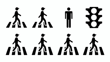 Pedestrian Crossing Symbols, Traffic Light Icon, and Figures on Crosswalks