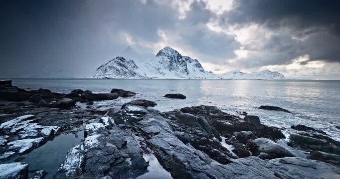 Winter landscape norwegian sea shore and rocky beach Lofoten islands, Norway video