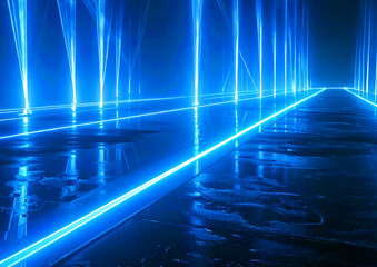 青いネオンの光が続く未来的デジタルトンネル背景