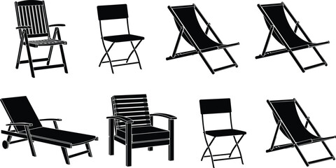 Outdoor Chair Silhouette Collection, Folding Beach Chairs, Deckchair, and Garden Furniture Set, Patio, Relax, and Summer Leisure Icon, Isolated Vector Illustration