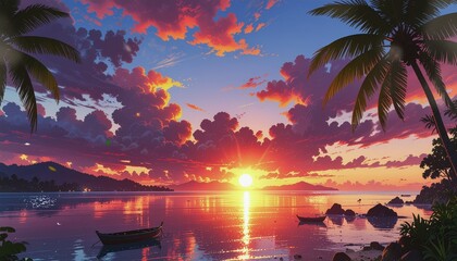 Beautiful sunset over the sea and river reflecting orange sky and red clouds on the water at twilight