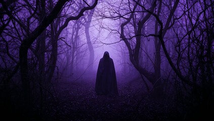 Mysterious hooded figure in a dark cloak standing in a foggy purple forest with gnarled bare trees, spooky halloween fantasy concept