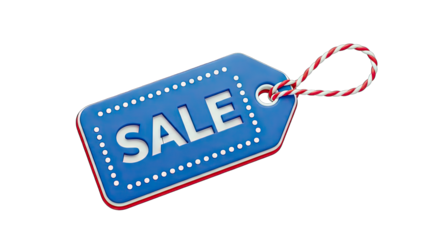 3D Blue sale tag with red and white rope on transparent background