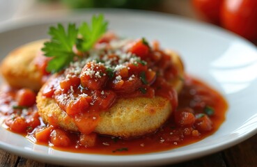 Naklejka premium Golden brown patties topped with rich tomato sauce and grated cheese. Garnished with fresh parsley, served on a white plate. A hearty, delicious meal.