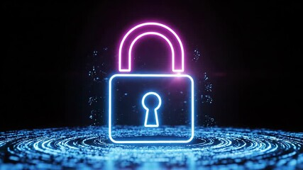 A vibrant neon glowing padlock icon illuminated in brilliant blue and magenta digitally unlocking with swirling light particles symbolizing secure access data protection cybersecurity and the dynamic. - Powered by Adobe