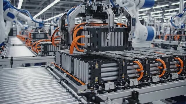 Automated EV Battery Assembly with Robotic Arms in Modern Gigafactory.