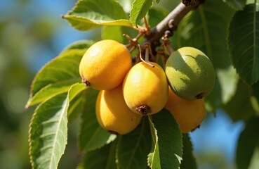 Ripe loquat fruits grow on a green branch with leaves. This citrusy fruit is yellow orange and ready for harvest. Organic produce from a home garden.