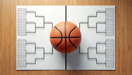 Basketball tournament bracket chart with empty spaces for teams and scores. Graphic shows playoff structure for sports competition. Game schedule planning board.