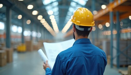 Worker in yellow hard hat and blue shirt holds blueprint inside large warehouse. Man reviews plans for construction project management and logistics. Overseeing operations with efficiency.