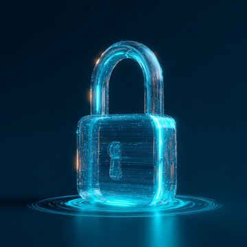 3D digital padlock protecting glowing data core, cybersecurity concept