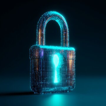 3D digital padlock protecting glowing data core, cybersecurity concept