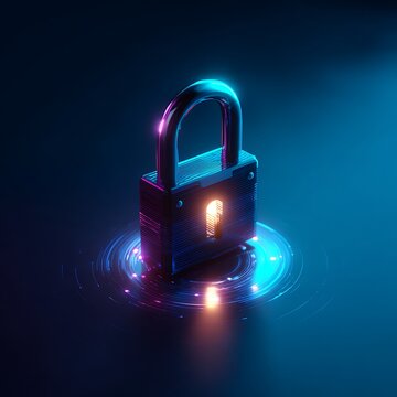 3D digital padlock protecting glowing data core, cybersecurity concept