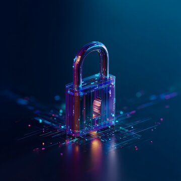 3D digital padlock protecting glowing data core, cybersecurity concept