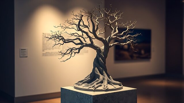 steadiness. A symbolic tree sculpture with intertwining roots and branches on a stone pedestal. gardening catalogs, home-decor guides, designed for home decor and floral branding, celebrates nature.