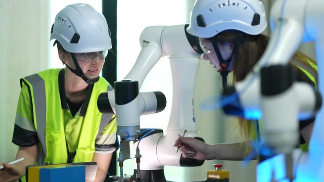 Two female robotics engineers in an R and D lab troubleshoot an artificial intelligence cobot. They are inspecting the robotic system hardware, sensors, and programming.