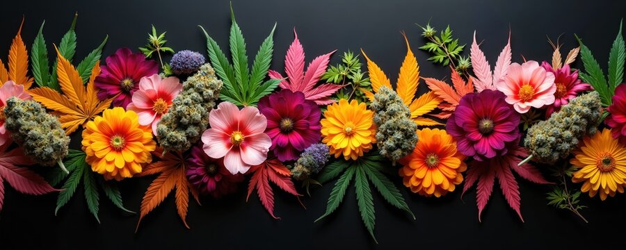 Colorful cannabis buds and vibrant flowers arranged on a black background. Features various leaves in autumn shades. Botanical display with health and wellness themes.