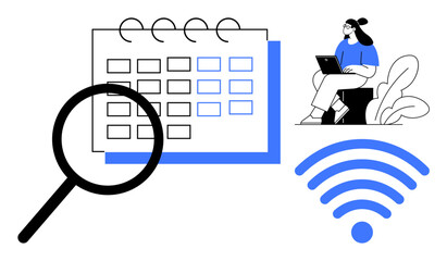 Productivity tools. Calendar planning and wireless connectivity support organizational efficiency. Productivity tools help remote work planning and efficient communication. Perfect for technology
