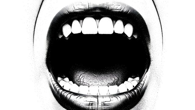 A close-up of an open mouth with visible teeth and tongue in a stark black and white illustration.
