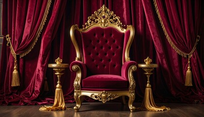 Regal Throne Chair Crafted in Burgundy Velvet with Ornate Gold Tassels