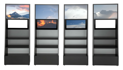 Four shelves display nature scapes & blank screens