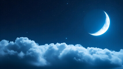 Dreamy celestial landscape featuring a luminous crescent moon and fluffy clouds above a starlit