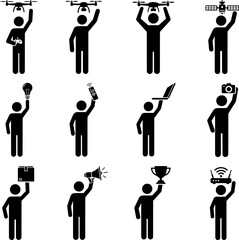 Innovative Technology and Delivery Concepts Icons, Person Holding Drone Laptop and Camera Symbols